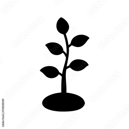 Minimalist illustration of a plant sprouting from the ground with prominent leaves