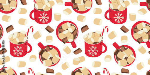 Cups of hot cocoa with marshmallows, chocolate and peppermint candies. Holiday drinks seamless pattern.