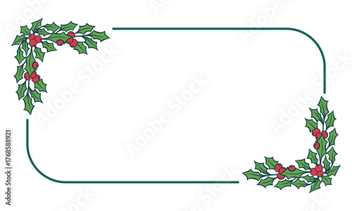 Christmas holly frame with green leaves and red berries for winter holiday graphic design. Rectangular Christmas frame for invitations, cards