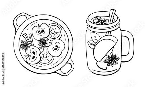 Spiced apple cider, drink illustration set in doodle style. Winter and autumn drinks with apple slices, cloves, cinnamon, star anise