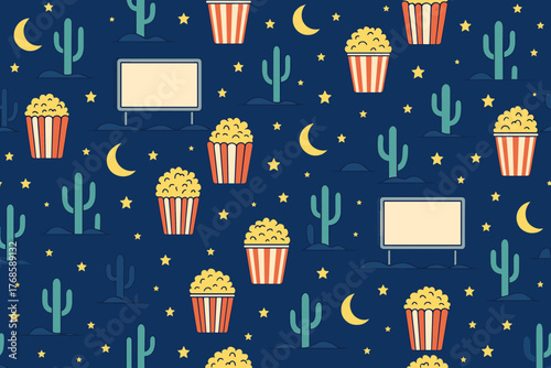 Desert drive-in movie night pattern with popcorn, cacti, and stars