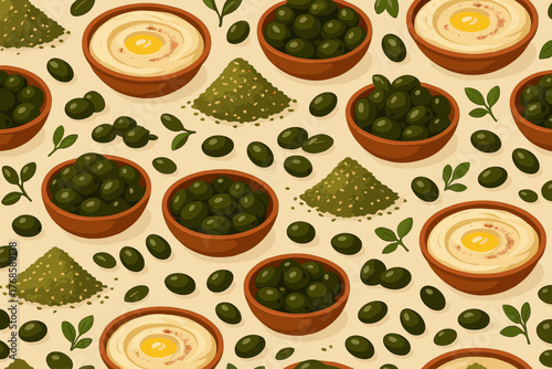 Seamless Middle Eastern food pattern with hummus, olives, and za'atar