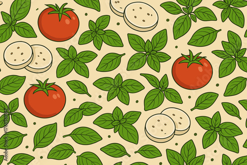 Caprese salad pattern with tomatoes, mozzarella, and basil