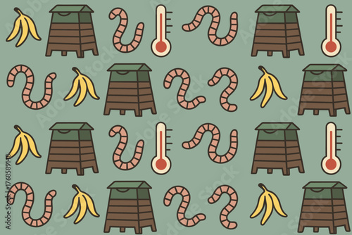 Seamless vermicomposting pattern with worms, bins, and food scraps