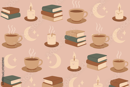 Seamless cozy pattern with books, candles, and coffee cups