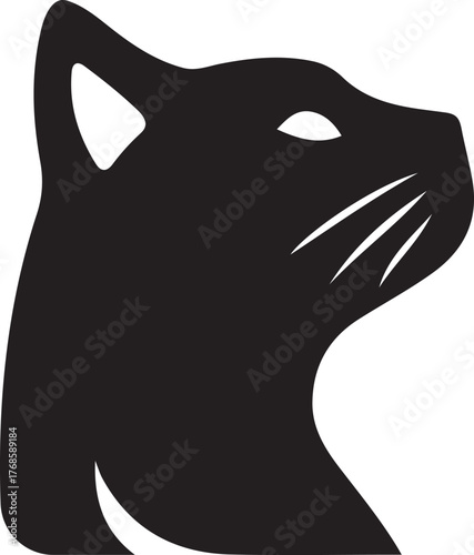 Black silhouette of a cat head with white eyes and whiskers, Cat face silhouette vector graphic for pet design