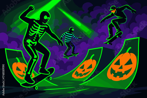 Halloween night skateboarding on neon pumpkin ramps