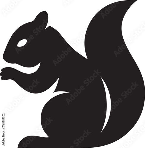 Black silhouette of a squirrel holding a nut with a bushy tail, Forest squirrel silhouette vector design