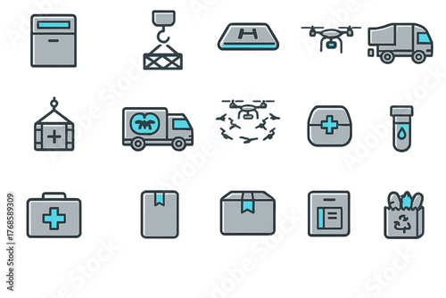 Set of delivery and medical logistics icons with blue accents