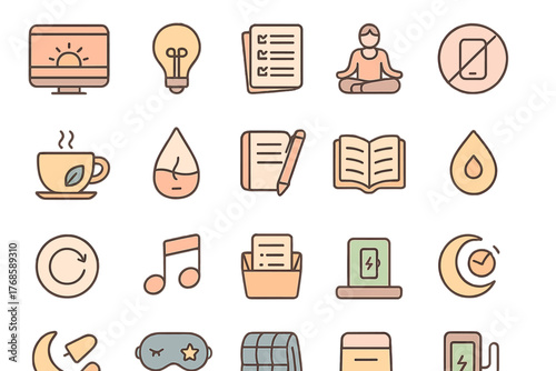 Evening routine and wellness icon set with soft neutral gradient background