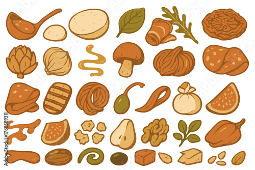 Hand-drawn food ingredient icons on warm gradient background