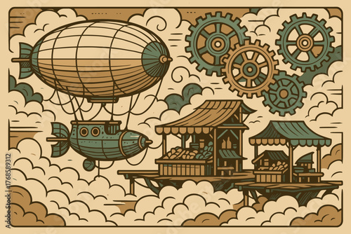 Steampunk airship and sky market with vintage gears
