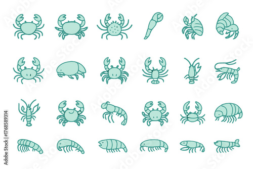 Stylized marine crustacean icon set with teal background