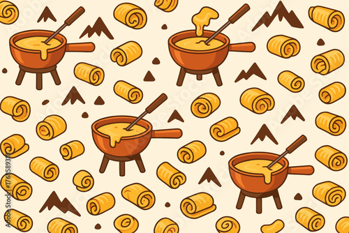 Seamless pattern with cheese fondue pots, bread rolls, and mountains on cream background