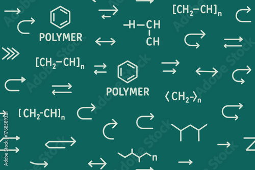 Seamless chemistry pattern with polymer structures and reaction arrows on teal grid background