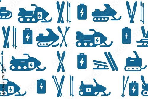 Seamless winter sports pattern with electric snowmobiles, skis, and batteries