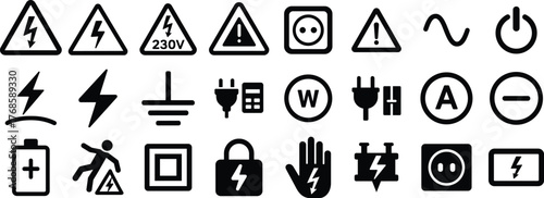 Electricity and renewable energy glyph icon set. Vector pictograms of lightning bolt, battery, plug, solar panel, wind turbine, power, charge, and electrical safety black silhouette illustration