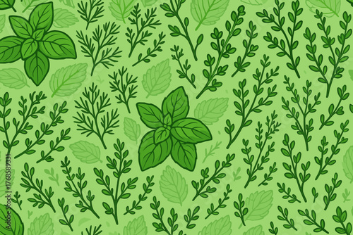 Seamless culinary herbs pattern with basil, thyme, and mint leaves