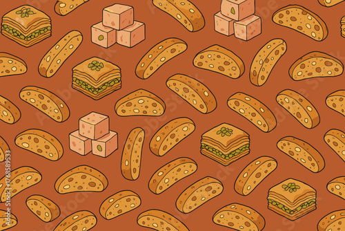 Seamless pattern with baklava, biscotti, and Turkish delight