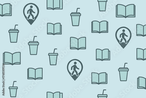 Seamless pattern with books, drinks, and walking location pins