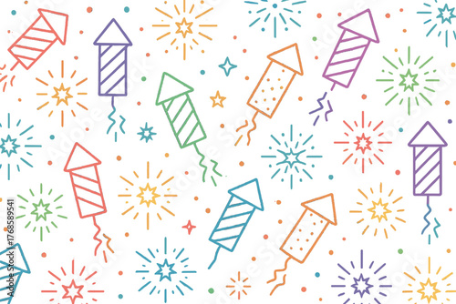 Seamless pattern of fireworks and rockets with rainbow glow