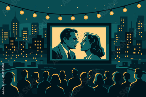 Retro rooftop cinema under string lights with city skyline