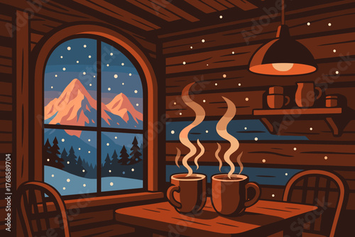 Cozy mountain cabin with steaming mugs and snowy view