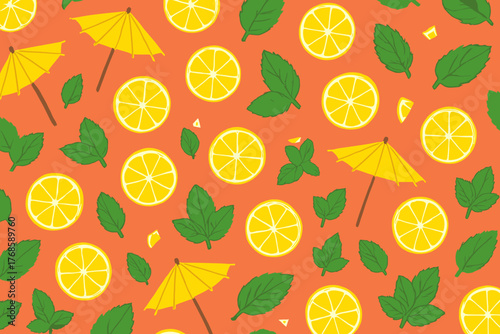 Summer citrus and mint seamless pattern with cocktail umbrellas