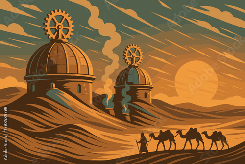 Steampunk desert observatories with caravan at sunset