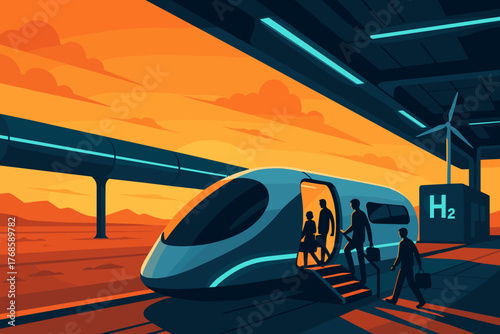 Passengers boarding a hydrogen-powered bullet train at sunset
