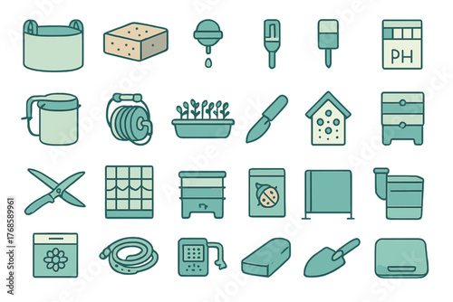 Urban gardening and composting tool icon set in flat style