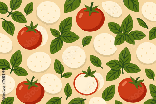 Flat design Caprese salad pattern with tomatoes, mozzarella slices, and basil