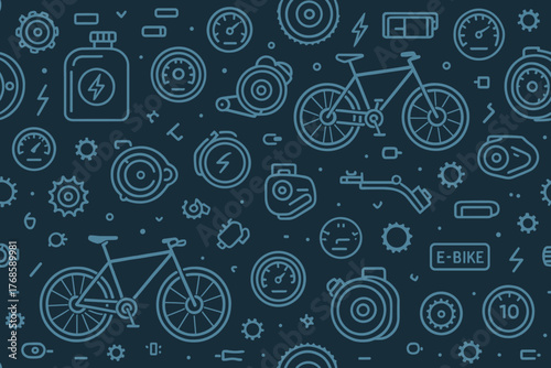 Electric bike schematic pattern with line art components and bicycles