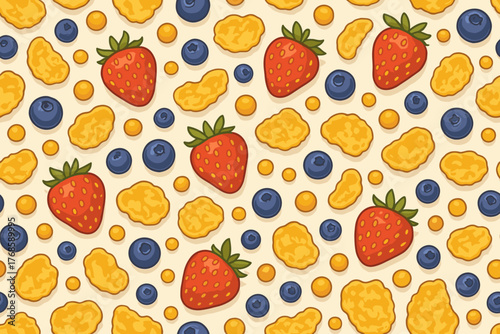 Seamless breakfast pattern with strawberries, cereal, and blueberries