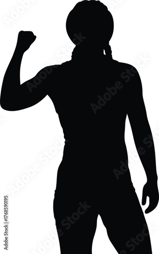 Silhouette of a strong woman flexing her bicep in a powerful pose against a white background