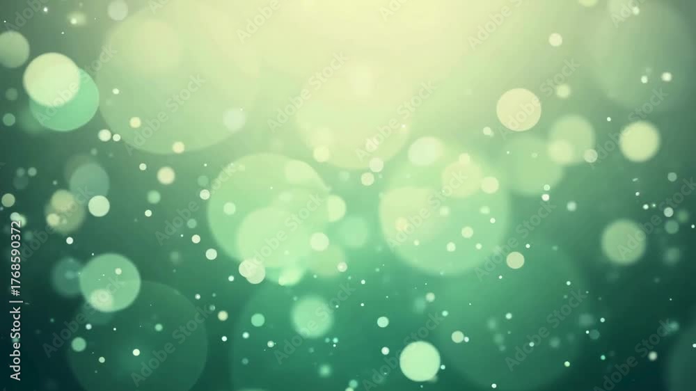 Subtle, calming abstract background loop with large, soft green bokeh lights and fine sparkling particles floating gently against a hazy green backdrop