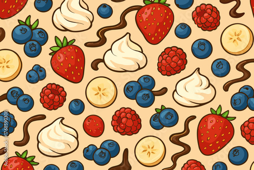 Seamless pattern with berries, banana slices, cream, and chocolate