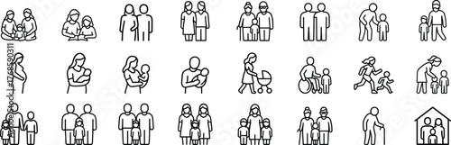 Family and parenting line icon set. Vector pictograms of parents, children, newborns, couples, elderly, and family relationships thin linear illustration