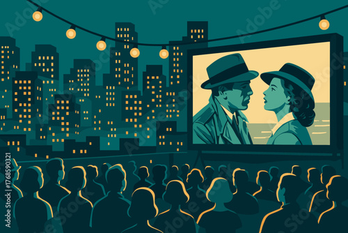 Outdoor rooftop cinema with classic film screening at night