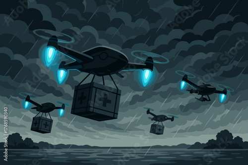 Medical drones delivering supplies in stormy weather
