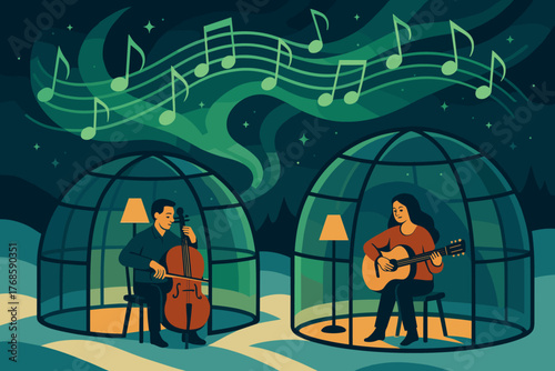 Musicians playing in glass domes under a starry night sky