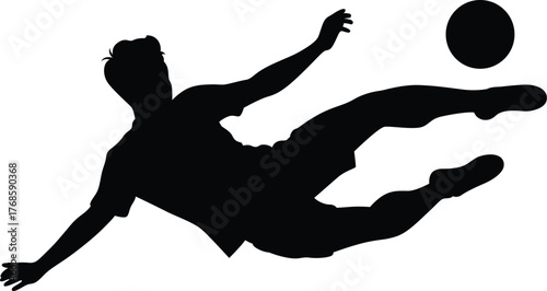 Dynamic silhouette of a soccer player performing a bicycle kick against a white background