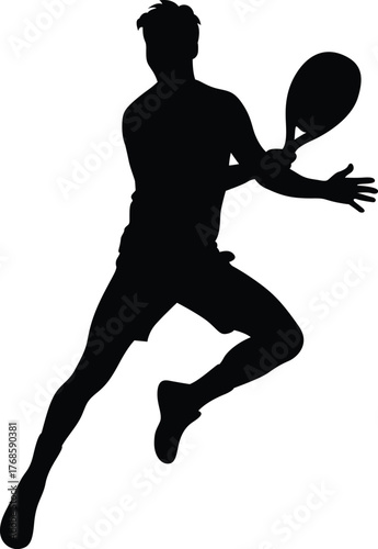 Silhouette of a male tennis player in action hitting a forehand shot on a white background
