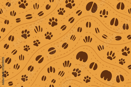 Seamless animal tracks pattern with paw prints and hoof marks on earthy background