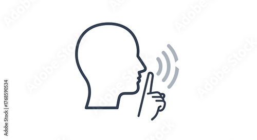 A silhouetted head makes a shushing gesture with a finger to its lips.