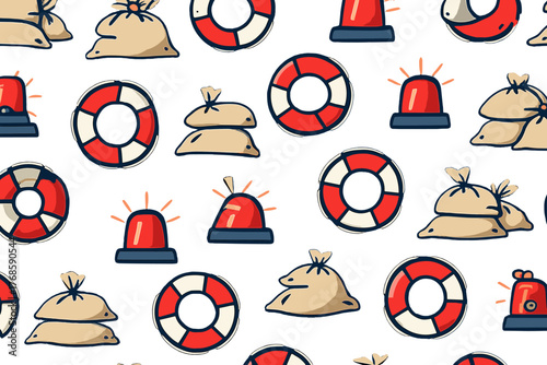 Emergency flood rescue icons with sandbags, life buoys, and sirens in seamless pattern