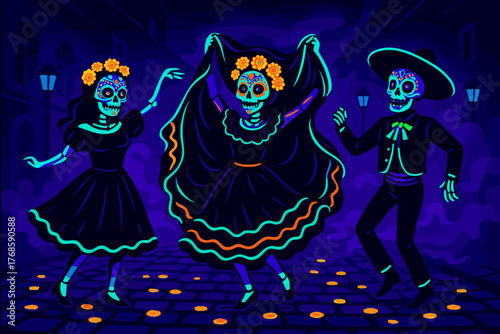 Day of the Dead skeleton dancers celebrating at night