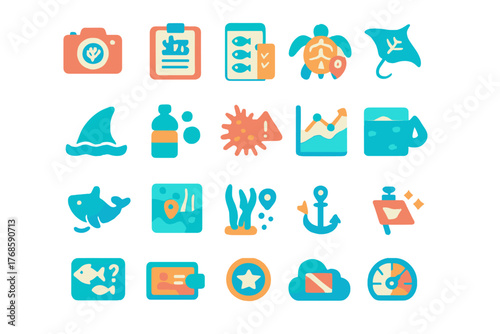 Ocean biodiversity monitoring and marine research icon set