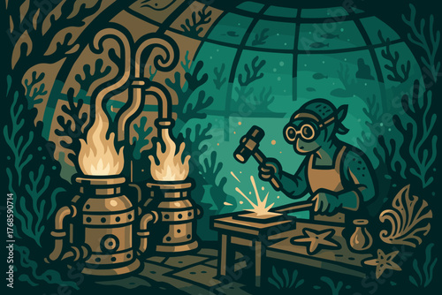 Underwater blacksmith forging metal in a deep-sea workshop