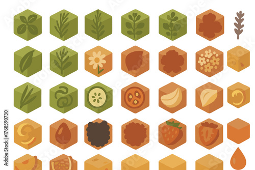 Set of botanical, fruit, and floral flavor icon illustrations